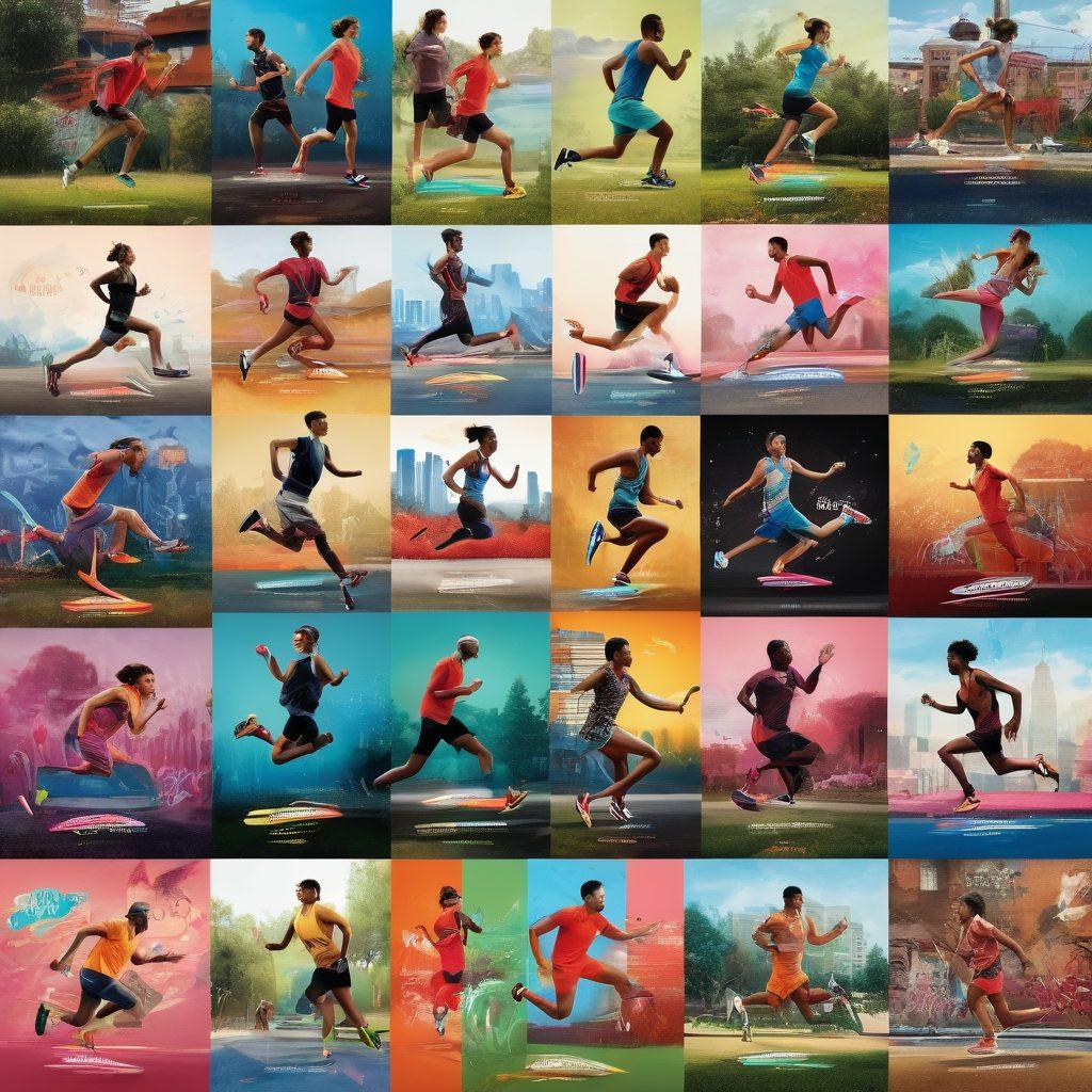 A vibrant collage featuring diverse runners of the Saucony community in dynamic poses, showcasing the latest Saucony footwear. Include a scenic urban backdrop with colorful graffiti and lush parks, symbolizing community and movement. Highlight trending performance metrics and insights in a modern infographic style. super-realistic. vibrant colors. dynamic composition.